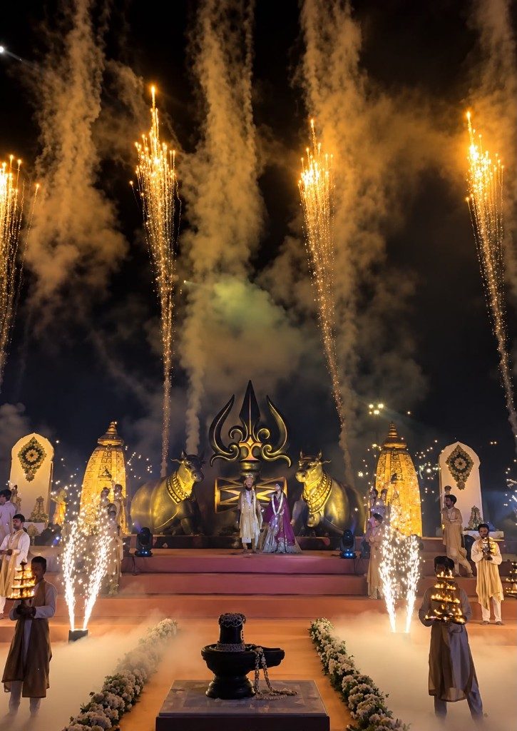 Couple on stage during a fireworks and cold pyro entry