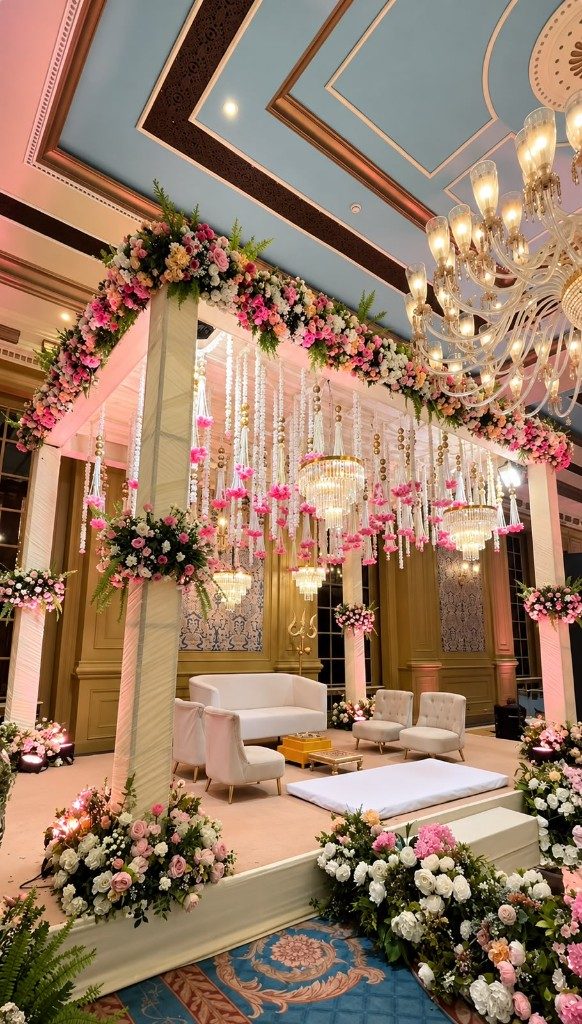 Indoor wedding mandap with pink and white florals and crystal chandeliers