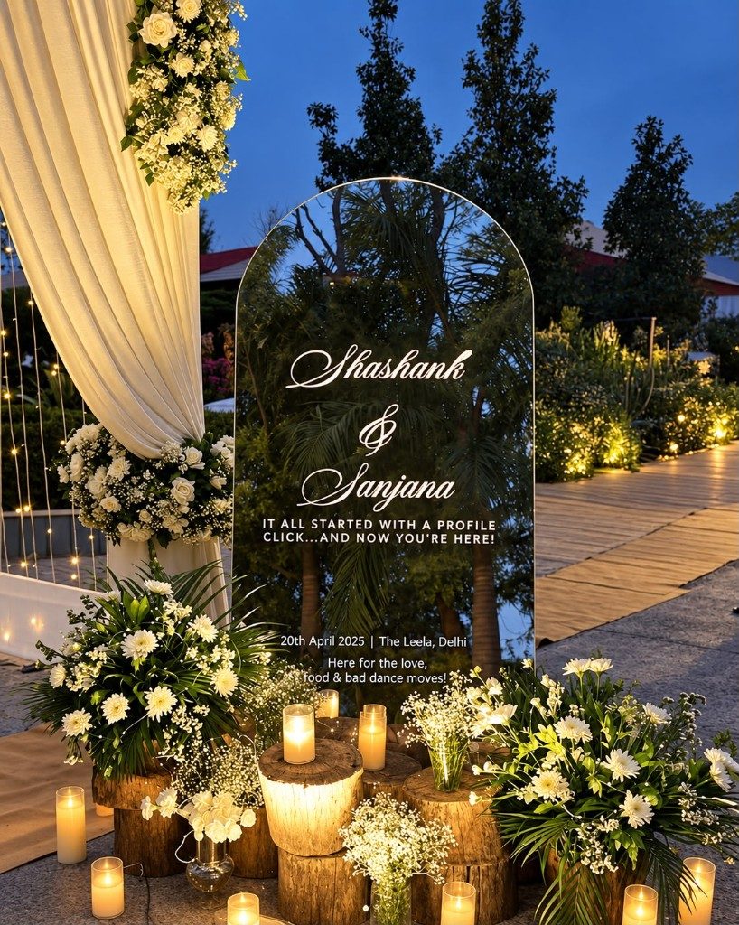 Evening welcome entry with a floral arch, candles and a glass sign